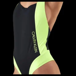 Discount Calvin Klein Ck Blocking Plunge Back Swimsuit Black/Yellow Svart och Gul
