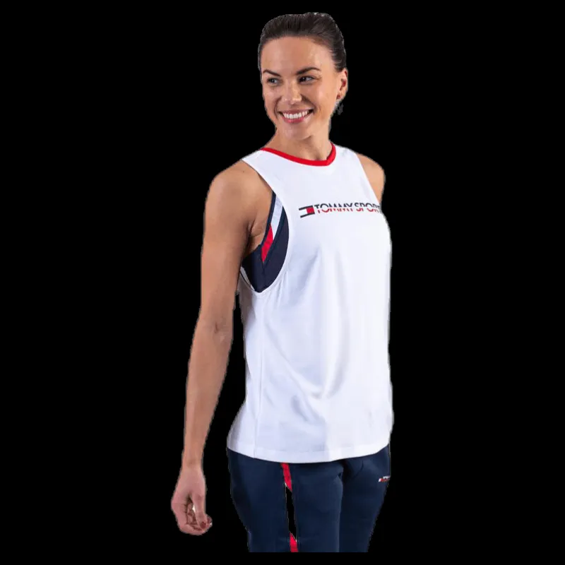 New Tommy Hilfiger Sport Open Back Tape Tank Top White Vit