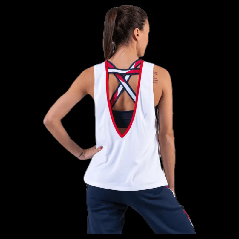 New Tommy Hilfiger Sport Open Back Tape Tank Top White Vit
