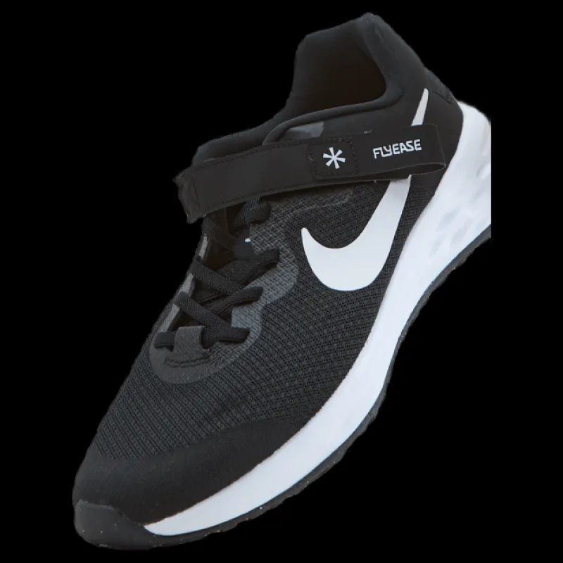 Nike Revolution 6 FlyEase Big Kids' Easy On/Off Road Running Shoes BLACK/WHITE-DK SMOKE GREY Svart New