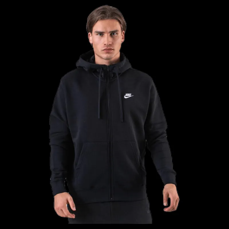 New Nike Sportswear Club Fleece Men's Full-Zip Hoodie BLACK/BLACK/WHITE Svart