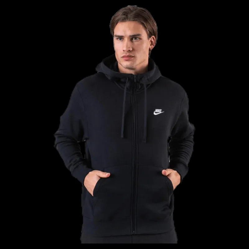 New Nike Sportswear Club Fleece Men's Full-Zip Hoodie BLACK/BLACK/WHITE Svart