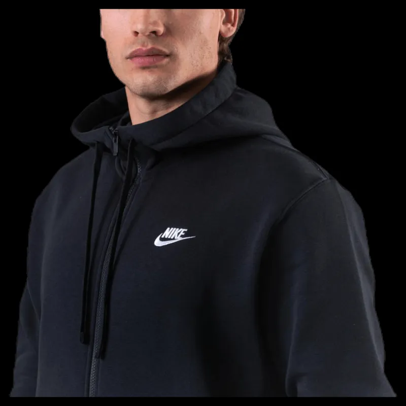 New Nike Sportswear Club Fleece Men's Full-Zip Hoodie BLACK/BLACK/WHITE Svart