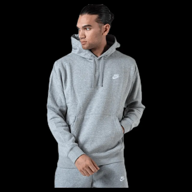 New Nike Sportswear Club Fleece Pullover Hoodie DK GREY HEATHER/MATTE SILVER/WHITE Grå
